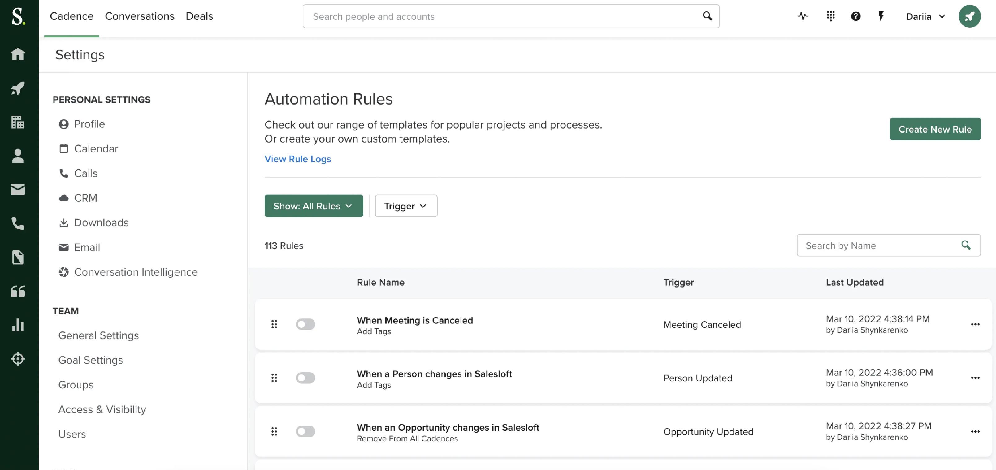 Graphic showing the cadence automation rules dashboard