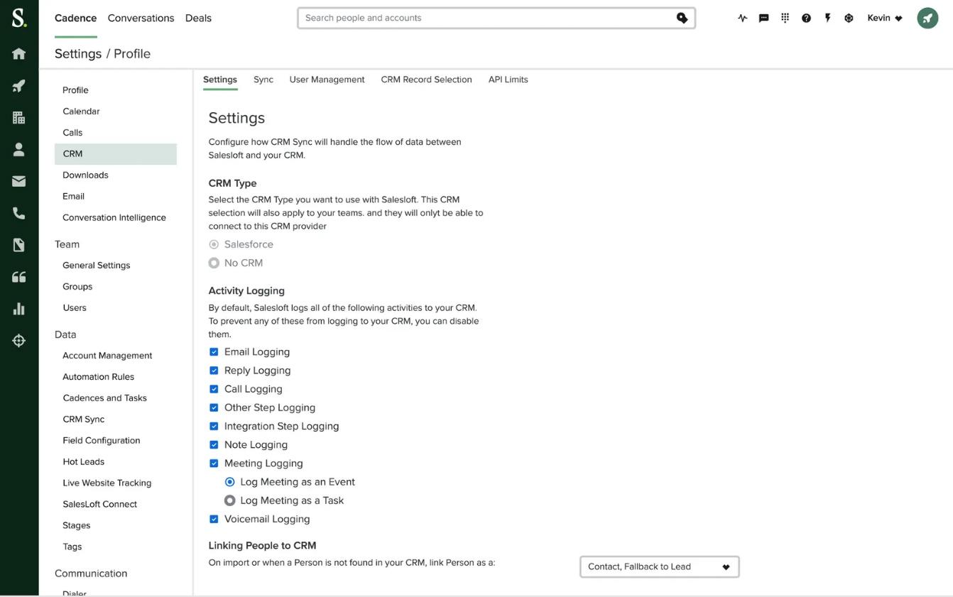 Graphic showing the settings on the Salesloft sales call tracking software