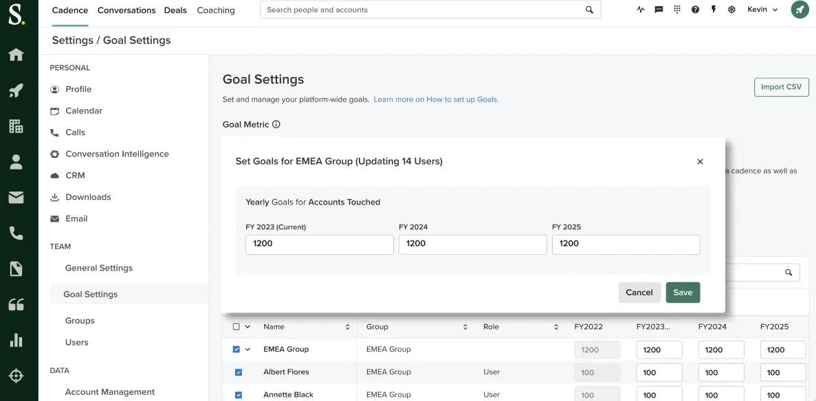 Goal settings dashboard