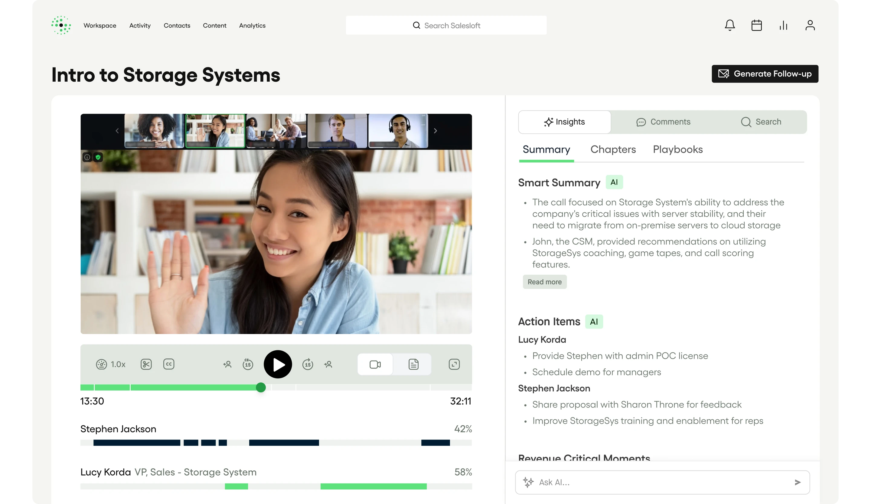 Salesloft conversational intelligence software showing an AI-generated call summary for "Intro to Storage Systems" with a Smart Summary, AI action items by attendee, smart chapters, and a Generate Follow-up button alongside speaker talk time analysis.