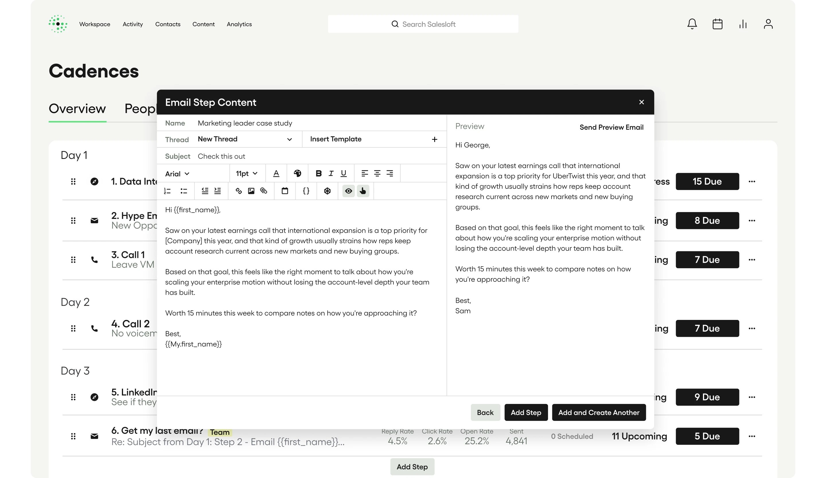 Salesloft Cadence email step builder showing a personalized outreach template with dynamic merge fields and a side-by-side live preview pane, set within a multi-day, multi-step cadence sequence.